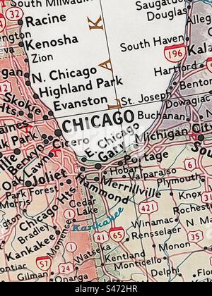Zoomed in view of the Chicago, Illinois area on a US map. Original photo has been made into an “illustration” using the IOS app Brushstroke. Stock Photo