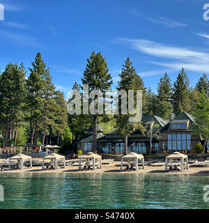 June, 2023, Cabanas on the shore, Hyatt Regency Lake Tahoe Resort Spa and Casino, Incline Village, Nevada, United States Stock Photo