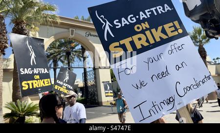 LOS ANGELES, CA, JUN 30, 2023: striking members of the Screen Actors Guild, SAG-AFTRA, picketing outside Paramount Pictures Studios in Hollywood Stock Photo