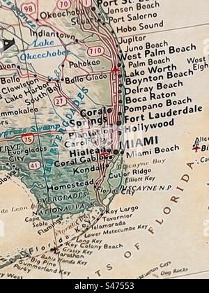 Zoomed image of the Miami, Florida area on a US map. Original photo has been made into an “illustration” via the IOS app Brushstroke. Stock Photo