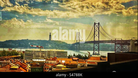 Lisbon Ponte 25 de Abril bridge taken from the train window - Portugal Stock Photo
