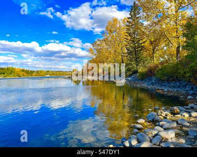 Autumn in Alberta, Canada, Bowness Park, Calgary, Bow River, reflections, mirror, glassy Stock Photo