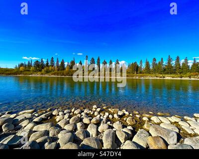 Autumn in Alberta, Canada, Bowness Park, Calgary, Bow River, reflections, mirror, glassy Stock Photo