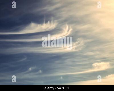 Mares’ tails of pretty, wispy cirrus uncinus clouds in a bright, blue sky in Victoria, Australia. Stock Photo