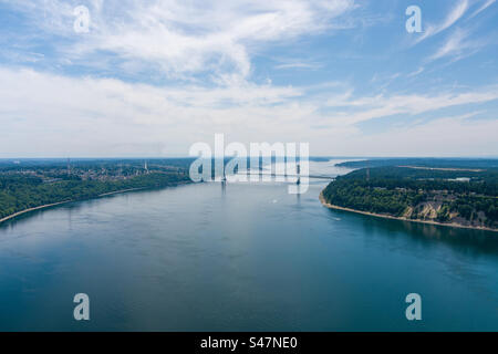 Aerial view of the Tacoma, Washington Narrows in June Stock Photo