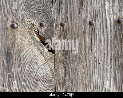 A detail of a mediaeval barn door with wood grain, knots and a row of nail heads Stock Photo