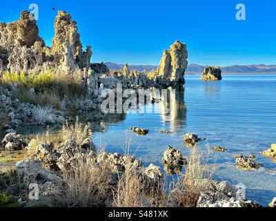 Distinctive tufa (limestone) towers of Mono Lake in central California formed around springs at the bottom of the lake over decades or even centuries and were revealed as water levels fell. Stock Photo