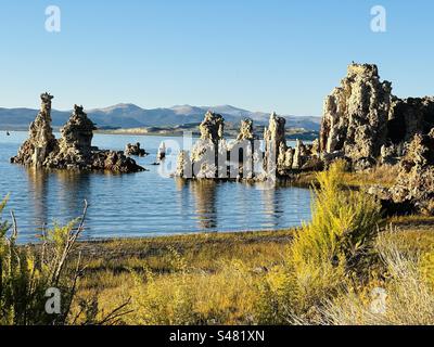 Distinctive tufa (limestone) towers of Mono Lake in central California formed around springs at the bottom of the lake over decades or even centuries and were revealed as water levels fell. Stock Photo