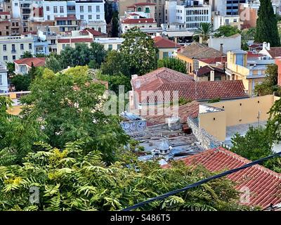 Buildings and rooftops of the Plaka district, Athens, in early evening. Stock Photo