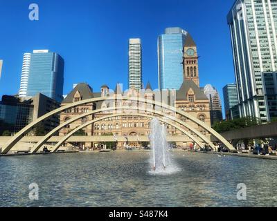 Old Toronto City hall view behind the lake and fountains Stock Photo