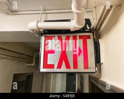 Exit sign, West side YMCA, New York City, United States of America. Stock Photo