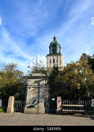 Gustavi Cathedral, Gothenburg, Sweden with a drinking fountain in the foreground. Stock Photo