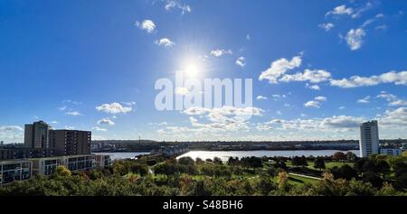 A bright sunny day over the Thames Barrier and the Thames Barrier Park in London,UK. Stock Photo