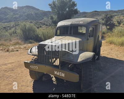 This “ambulance” marks the site where parts of the hit movie and television series M*A*S*H we’re filmed at the former Century Ranch owned by 20th Century Fox Studios, now part of Malibu Creek Park. Stock Photo