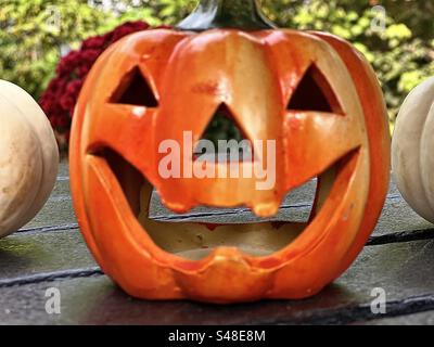 Smiling ceramic pumpkin Stock Photo