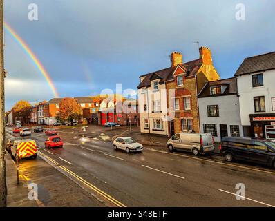 Double rainbow over Ock Street, Abingdon on Thames, Oxfordshire, England, UK Stock Photo