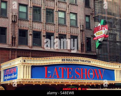 Front of the Ed Sullivan theatre in New York advertising the Late Show with Stephen Colbert Stock Photo