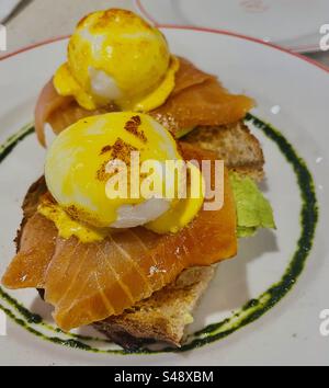 Salmon Egg Benedict. Stock Photo