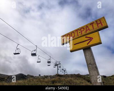 Footpath below chairlift ski lift at the Glencoe Mountain Ski Centre, Scottish mountains, Scotland Stock Photo