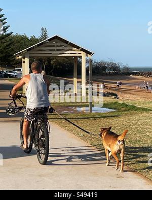 A man rides a bicycle while his dog runs alongside Stock Photo