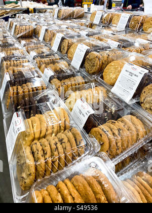American style cookies in plastic packaging on sale in a supermarket. Stock Photo