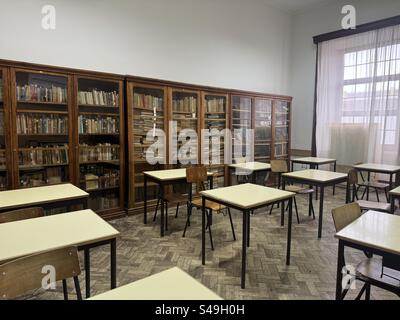 Interior of a classroom with vintage wooden bookshelves at Escola Secundária Antero de Quental, Azores, Portugal. Stock Photo