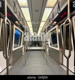 Denver, Colorado, USA:  Empty subway car at Denver International Airport (DIA). View across the underground, train car. Stock Photo