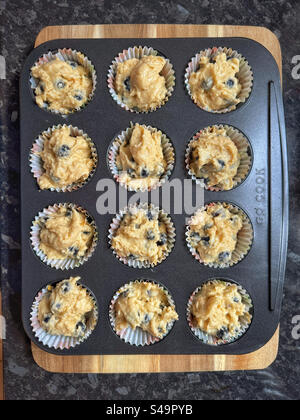 An overhead view of blueberry cupcake mixed raw ingredients just before going into the oven and being cooked. Home baking at its best? Photo ©️ COLIN HOSKINS. Stock Photo
