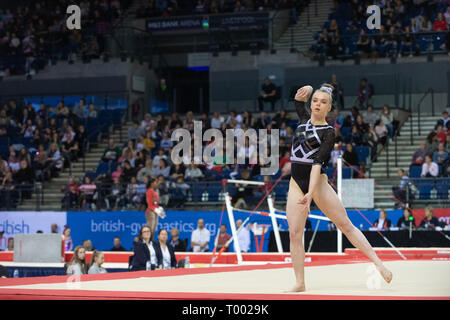 Liverpool, UK. 16th March 2019. Emily Bremner of DGC2K competing during the floor rotation at the Men’s and Women’s Artistic British Championships 2019, M&S Bank Arena, Liverpool, UK. Credit: Iain Scott Photography/Alamy Live News Stock Photo