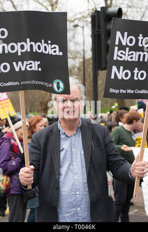 London, UK. 16th March, 2019. Protestors prepare to march in solidarity against racism and xenophobia.  In picture, Stuart Richardson of the  'Stop the War' coalition.  Asked on his thoughts regarding yesterdays terrorist attack in Christchurch New Zealand, Stuart said: Their clearly is an upsurge of far right, white supremacist politics promoted by Steve Bannon and various other people'. He said that 'thi Credit: Byron Kirk/Alamy Live News