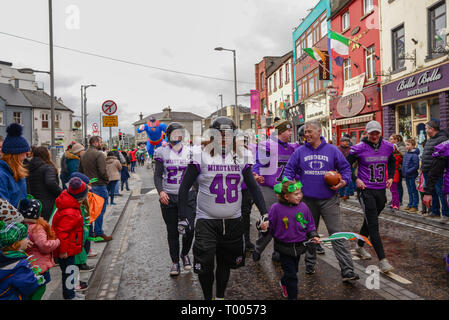 Athlone Town, Ireland. 16th March 2019. The Minotaurs American Football team march along the  2019 Athlone St. Patricks Day Parade route. Credit: Eoin Healy/Alamy Live News Stock Photo