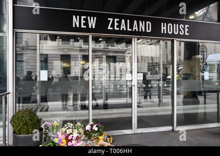 Haymarket,London, UK. 16th March 2019. Floral Tributes to the Victims of the Christchurch Massacre,New Zealand House,Haymarket,London.UK Credit: michael melia/Alamy Live News Stock Photo