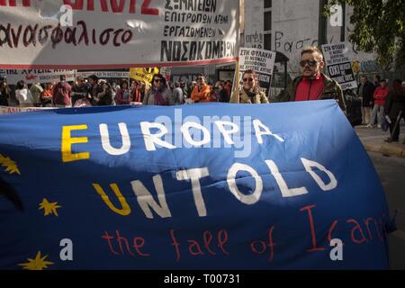 Athens Greece 16th March 2019 Protesters Seen Holding A Banner