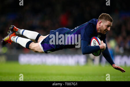 London, ENGLAND, 16th March  Finn Russell of Scotland goes over for his try during the Guinness 6 Nations Rugby match between England and Scotland at Twickenham  stadium in Twickenham  England on 16th March 2019 Credit Action Foto Sport Stock Photo