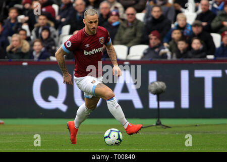 London, UK. 16th March 2019.Marko Arnautovic of West Ham United in action. Premier League match, West Ham United v Huddersfield Town at the London Stadium, Queen Elizabeth Olympic Park in London on Saturday 16th March 2019.  this image may only be used for Editorial purposes. Editorial use only, license required for commercial use. No use in betting, games or a single club/league/player publications . pic by Steffan Bowen/Andrew Orchard sports photography/Alamy Live news Stock Photo