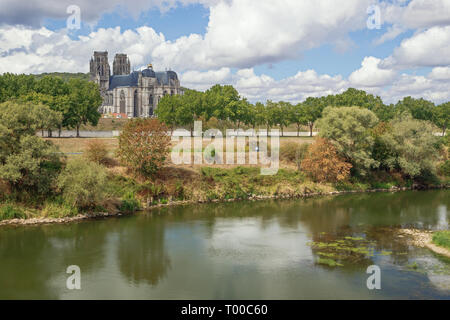 Distant view of the Cathedral of Toul from the bridge over the Moselle Stock Photo