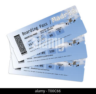 Airline boarding pass tickets to Madrid isolated on white.  The contents of the image are totally invented Stock Photo