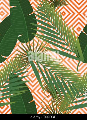 Summer tropical palm leaves seamless pattern on copper texture stripes. Stock Vector