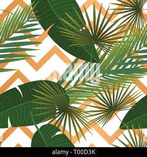Summer tropical palm leaves seamless pattern on copper texture stripes. Stock Vector