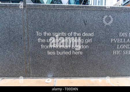 Inscription marking the location of an unknown Roman female body found on St Mary Axe, London. Stock Photo