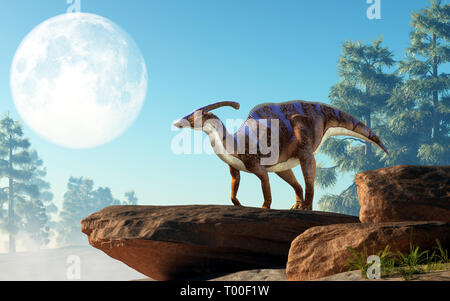 A parasaurolophus, a type of herbivorous ornithopod dinosaur of the hadrosaur family stands on a rock under a full moon on a cretaceous era afternoon. Stock Photo
