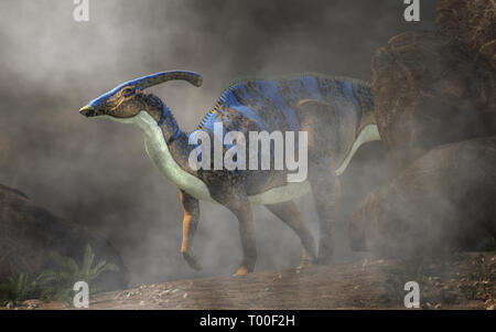 A parasaurolophus, a type of herbivorous ornithopod dinosaur of the hadrosaur family stands in a dense mist. Stock Photo