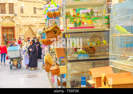 Doha, Qatar - February 19, 2019: Inseparable Parrots cages in foreground at Bird Souq inside Souq Waqif, the old market and popular tourist attraction Stock Photo