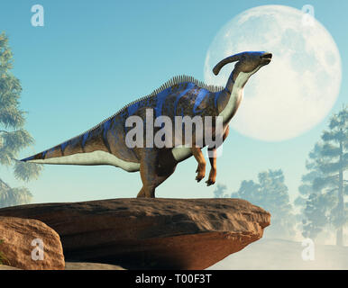 A parasaurolophus, a type of herbivorous ornithopod dinosaur of the hadrosaur family stands on two legs and calls out from a rocky cliff. Stock Photo