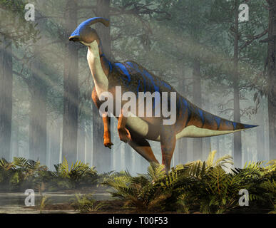 A parasaurolophus, a type of herbivorous ornithopod dinosaur of the hadrosaur family stands on two legs.  This prehistoric animal is in a dense forest Stock Photo