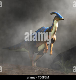 A parasaurolophus, a type of herbivorous ornithopod dinosaur of the hadrosaur family stands on two legs in a dense fog. 3D Rendering Stock Photo