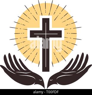 Church logo. Cross and hands, christian symbol. Vector illustration Stock Vector