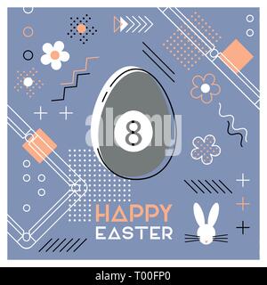 Happy Easter. Greeting card with Easter egg as a billiard ball. Abstract Memphis design. Vector illustration. Stock Vector