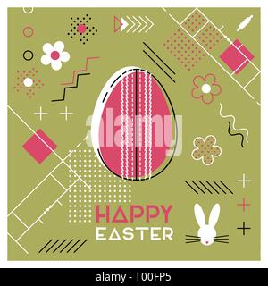 Happy Easter. Greeting card with Easter egg as a cricket ball. Abstract Memphis design. Vector illustration. Stock Vector