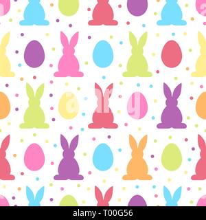 Seamless pattern vector background with colorful Easter eggs and rabbits Stock Vector